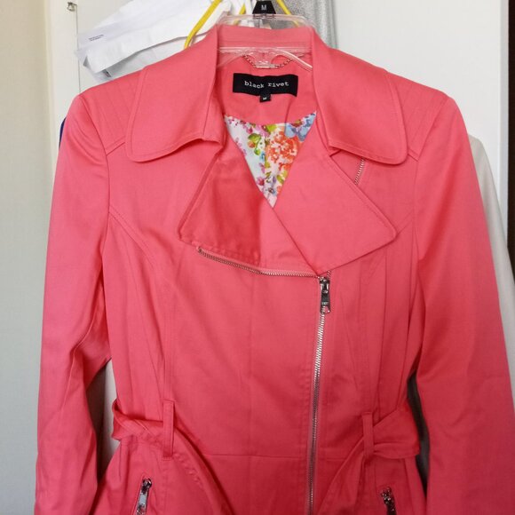 Black Rivet pink coral Belted Lined Trench Coat sz M NWOT B9 - Picture 2 of 8